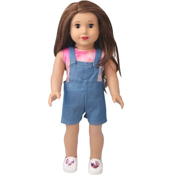 18 Inch American Doll Fete Haine Roz Tie-dye Denim fără Mâneci Salopeta Născut Jucărie pentru Copii Accesorii 43 Cm Băiat Păpuși D32