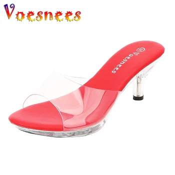 2021 Nou Pantofi Femei Catâr Clar Tocuri Papuci De Casă Transparent Sandale Sexy Scăzută De Cristal Tocuri Ascuțite Toe Slide-Uri De Partid Pantofi De Femeie
