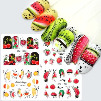 4 in 1 Unghii Autocolante de Apă Decalcomanii de Fructe de Vară Pepene verde Flori Abstracte de Arta Unghiilor Autocolant Glisante Tatuaj Decoratiuni TRI01-19