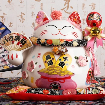 9 inch Ceramic Avere Pisica Maneki Neko Ornament Decor Acasă Cadou Feng Shui Norocos Pisica Piggy Bancă Centrală