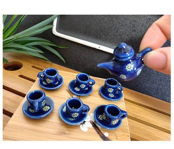 9Pcs Ceramice Scara 1:12 Casă de Păpuși în Miniatură de Porțelan Albastru de Imprimare Ceașcă de Ceai Set de Tacamuri de Bucatarie Păpuși Ceainic Jucării DIY