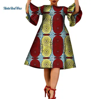African Rochii pentru Femei Africane Ceara Print Flare Sleeve Genunchi Lungime Rochii Vestidos Bazin Africa de Ankara Femei Rochii WY8361