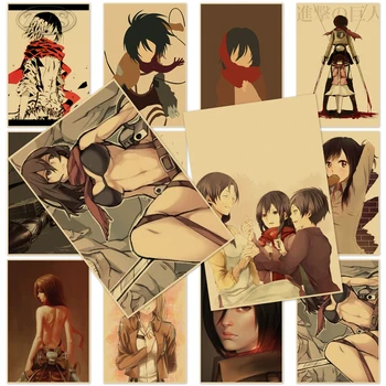 Atac pe Titan Hârtie Kraft Wall Art Eren Imagine Poster Mikasa Ackerma Picturi Murale Camera de zi Dormitor Decor Acasă Cudros