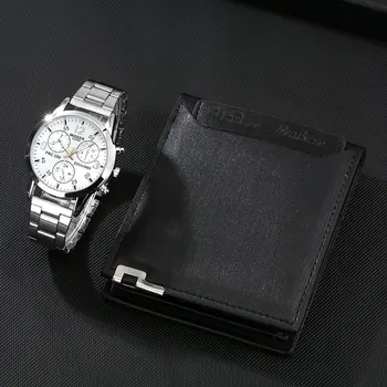 Ceas de mana barbati Portofel Set Portofel din Piele de Argint Cuarț Ceas pentru Bărbați Cadouri pentru Iubitul Ceasuri cu Cutie Card de montre homme