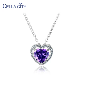 Cellacity în formă de Inimă Ametist Colier pentru Femei de Argint 925 Bijuterii Violet Piatră prețioasă Pandantiv Clavicula Lanț Inima Mare