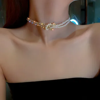 Coreea Style Pearl Cristal Cravată Coliere pentru Femei Lanț Scurt Stras Coliere Declarație de Partid Bijuterii Cadou Frumos 