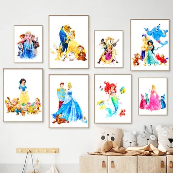 Disney Princess Set Imprimare Cindrella Rapunzel, Frumoasa Adormita Alba Ca Zapada Acuarelă Arta Panza Pictura Fata Cadou Decor Camera Pentru Copii