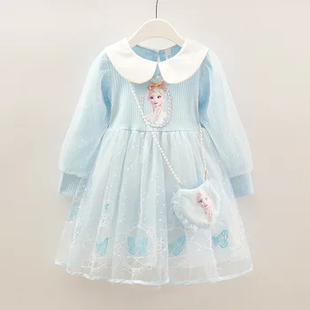 Elsa Printesa Rochie de Fete Dress Primăvară și de Toamnă Partid Rochie cu mâneci Lungi pentru Copii Stil Occidental Congelate Rochie Formale