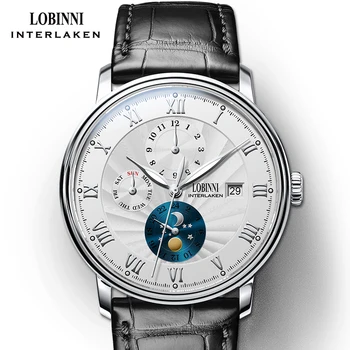Elveția încheietura ceas LOBINNI Bărbați Ceasuri Pescăruș Automat Mechanical Ceas Sapphire Luna Faza relogio masculino L1023B-3