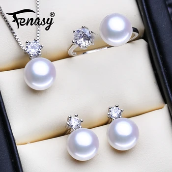FENASY Argint 925 Seturi de Bijuterii Coliere de Perle Naturale Pentru Femei de Cercei Stud Clasic Coroana Pandantiv Inel de 8-9mm
