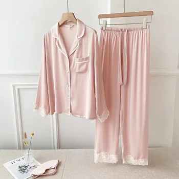 Gheață Pijamale de Mătase pentru Femei de Moda cu Maneci Lungi Pantaloni Două Bucata Set Femei de Lux Casual Pierde Rever Sexy Homewear Set Plus Dimensiune 5XL