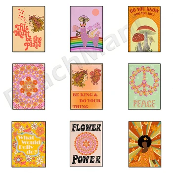 Hippie a anilor ' 70 decor, ciuperci, soarele și luna, pace și iubire floare de model, Groovy imprimare poster, de culoare retro 70 de perete deco