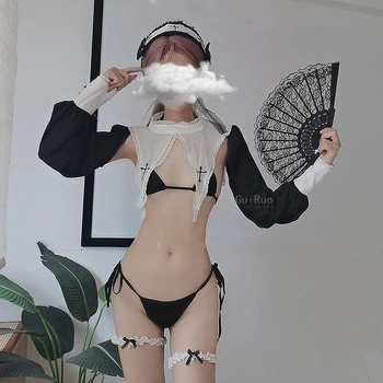 Kawaii Lenjerie pentru Femei Anime Uniformă de Menajeră Călugăriță Costume Cosplay Bikini Gol Ultra-Scurte, Topuri cu Maneci Lungi Fata de Scoala Utilaje