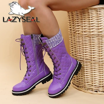 LazySeal Cald Iarna Snow Boot Femei Pantofi Platforma Mov cu Blană, Dantelă Sus Pantofii de Pluș Cizme Jumătatea vițel de Mare Dimensiune 43