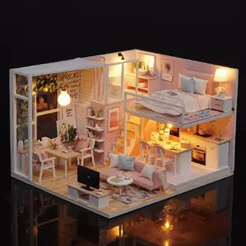 LED-uri in Miniatura Papusa Casa diy mare casă de păpuși din lemn, case papusa bucatarie in miniatura Artizanat lucrate Manual Jucărie Cadou de Crăciun