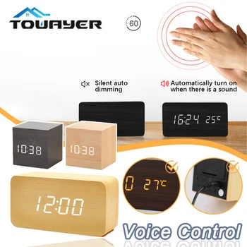 Lemn de Alarmă Ceas LED Digital Ceas cu Voice Control Digital din Lemn Ceas de Birou Cu Termometru USB/AAA Alimentat Ceas de pe Desktop