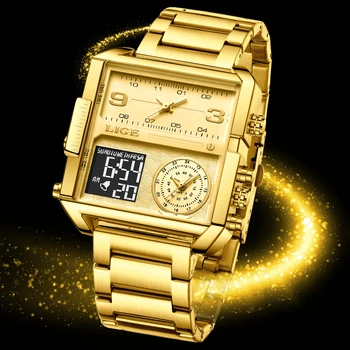 LIGE Nou Brand de Top de Moda de Lux pentru Bărbați Ceasuri de Aur din Oțel Pătrat Sport Digital Analogic Mari din Cuarț pentru Om relogio masculino