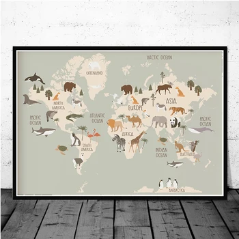 Lumea animală Harta Pepinieră Arta de Perete Panza Pictura Scandinave Postere si Printuri de Animale Desene animate Drăguț Poze Decor Camera pentru Copii