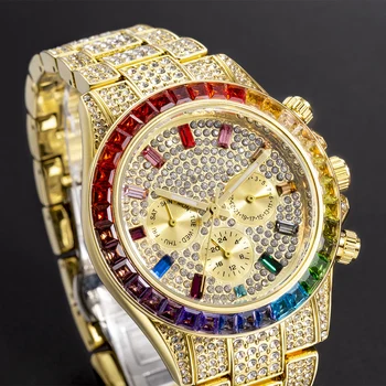 MISSFOX Aur cu Gheață Bărbați Ceasuri Curcubeu Diamant, Cuarț Ceas Luminos Bărbat din Oțel Inoxidabil de Lux Clasic Unic Ceas de mână