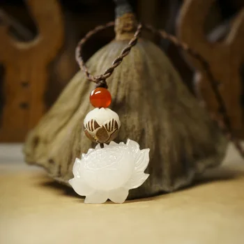 Naturale Afgan jad alb Bijuterii DIY Dublu Lotus Pandantiv Etnice Cravată Colier Handmad Sculptate Bodhi Rădăcină Colier Vintage