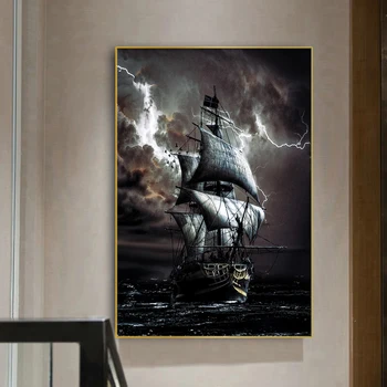 Nava pirat de Pictură de Epocă Negru Corabie și Fulgere pe Mare Canvas Postere si Printuri de Decorare Camera de zi