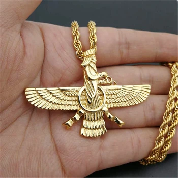 Oameni noi Hip hop Iran Faravahar Ahura Mazda Zoroastrian Pandantiv Colier de Aur din Oțel Inoxidabil de Culoare Bărbați Bijuterii