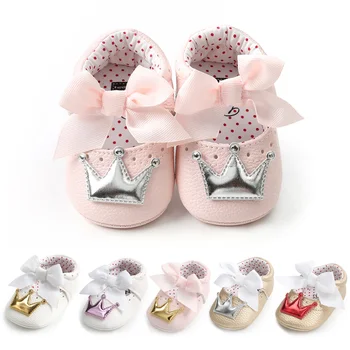 Pantofi pentru copii Princess Girl Bling Coroana Bowknot Copilul PU Talpa de Cauciuc Anti-alunecare Prima Pietoni Copil Nou-născut Crib Pantofi Mocasini