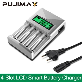 PUJIMAX Noi 4 Sloturi Ecran LCD Inteligent Încărcător de Baterie SUA/UE/UK Plug Adaptor Pentru AA/AAA NiCd NiMh Baterii Reincarcabile
