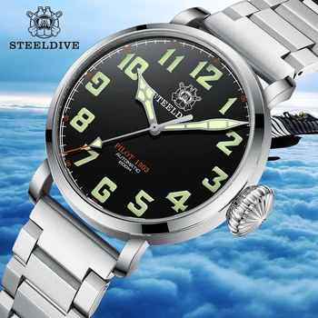 STEELDIVE Dive Watch SD1903 din Oțel Inoxidabil Pilot 20Bar Impermeabil Ceas Mecanic Cadran Mare Elvețiană C3 Verde Luminos Ceas de mână