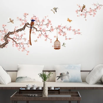 Stil Chinezesc Flori Bird Ilustrare Autocolant De Perete Camera De Zi Canapea Fundal Decor Decalcomanii Tapet Decor Acasă Autocolante