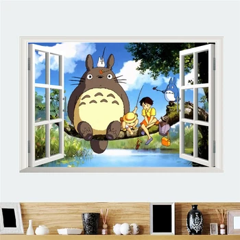 Vecinul meu Totoro Fereastra 3d Autocolante de Perete Pentru Camera Copii Acasă Decor de Film Animale de Artă Murală Desene animate Decalcomanii de Perete Poster