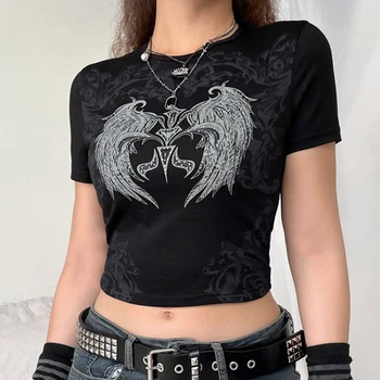WeiYao Aripa Tipărite Grunge Negru Culturilor Tricou Femei Subțire Întunecat Mediul Academic Retro Din Bumbac Tricou Femei Techwear Alternative Gotic